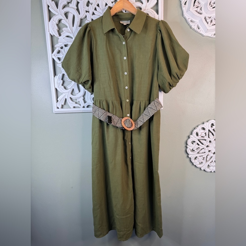 Chenault Olive Green Pouf Sleeve Button Down Sweater Belt Chevron Medium